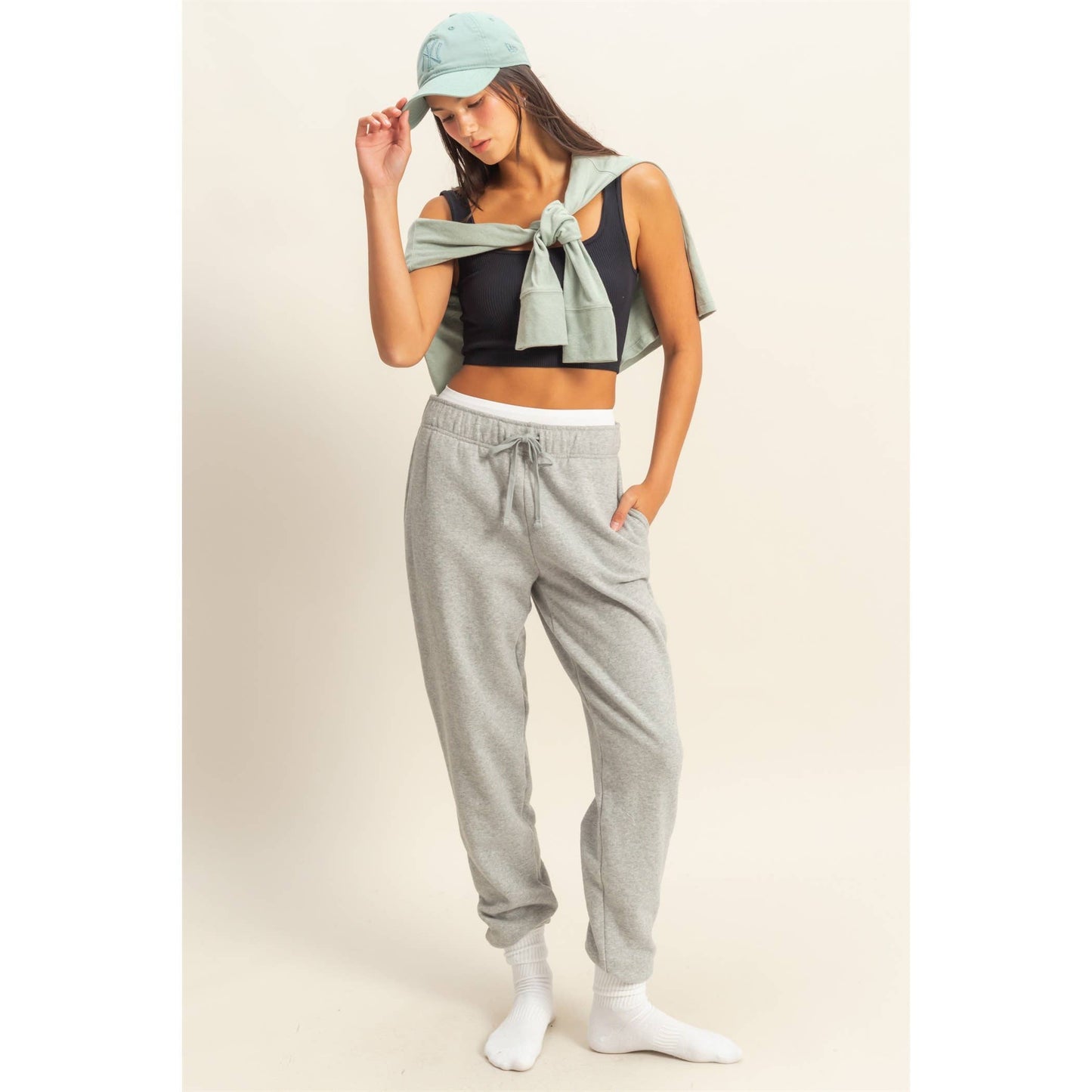 Mid-Rise Drawstring Jogger Pants: HEATHER GRAY