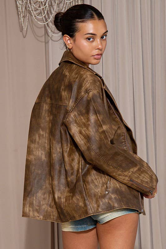 Oversized Vintage Textured Vegan Leather Jackie Jacket: Brown