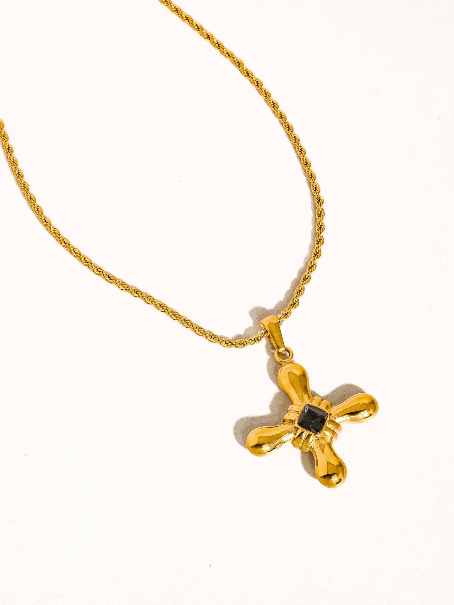 Chantal 18K Gold Non-Tarnish Stone Cross Necklace: Black
