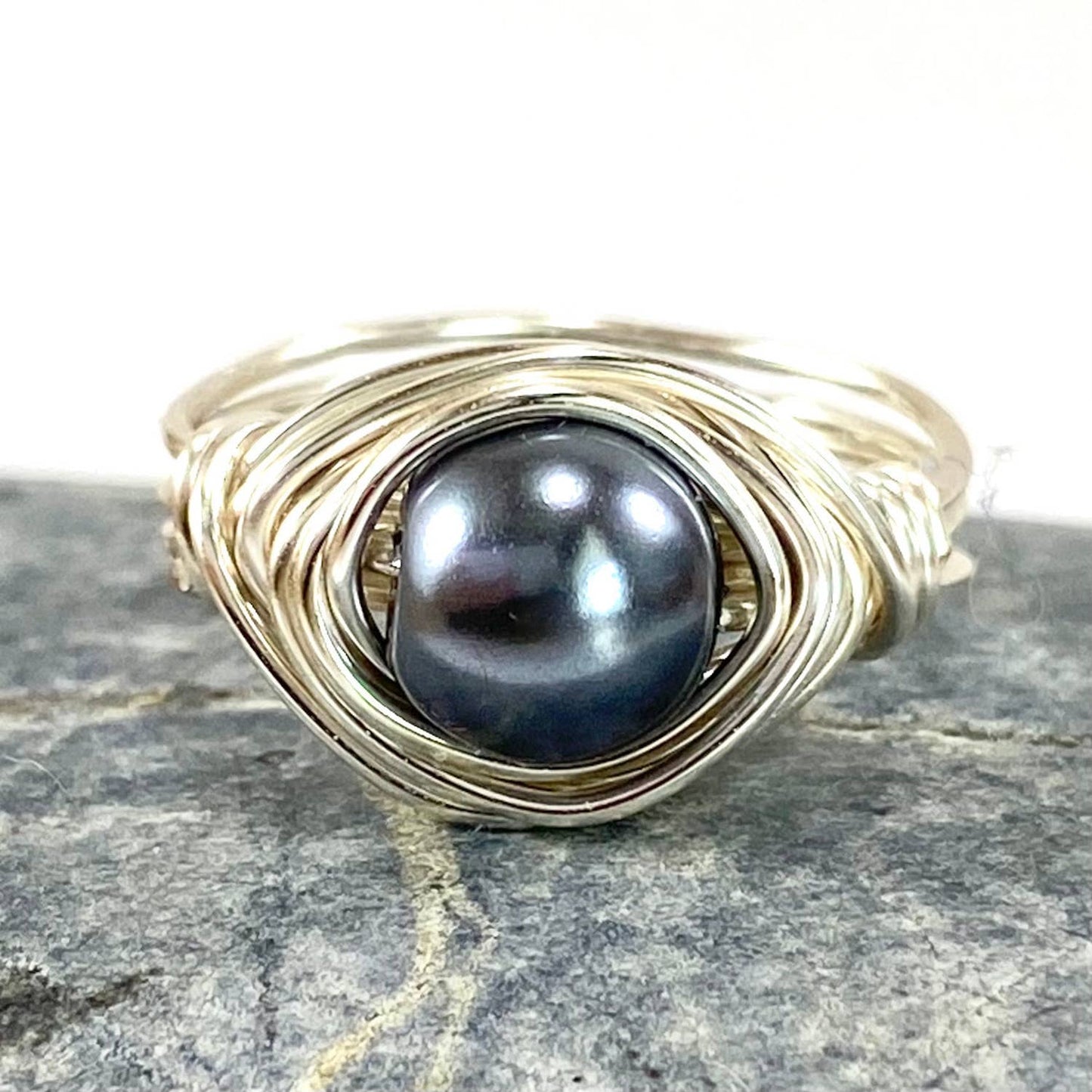 Grey Glass Pearl Silver Ring: 6