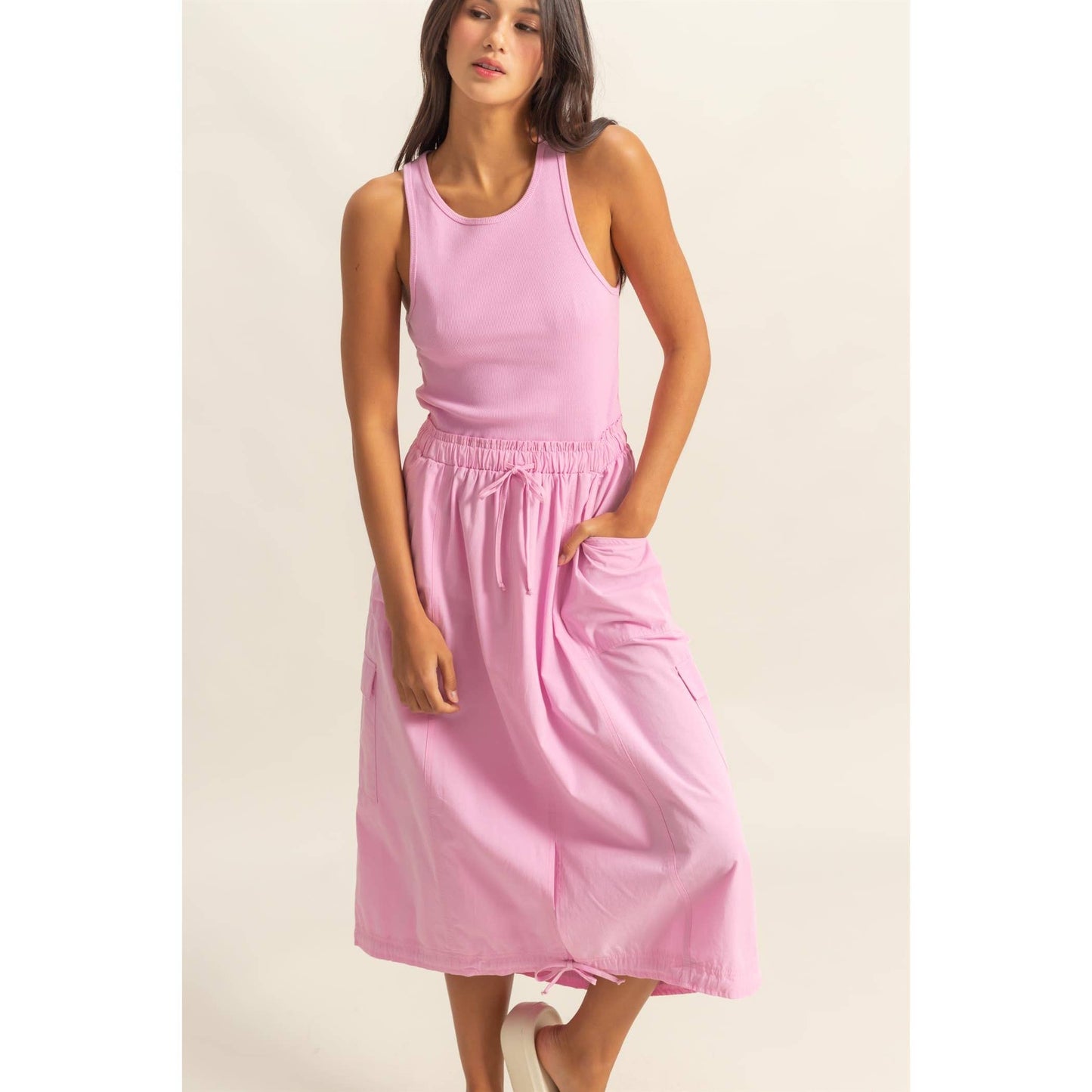 Sleeveless Cargo Midi Dress: PINK