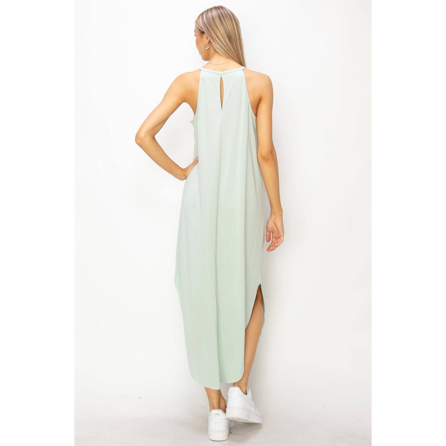 Halter Neck Asymmetrical Midi Dress: BLUE
