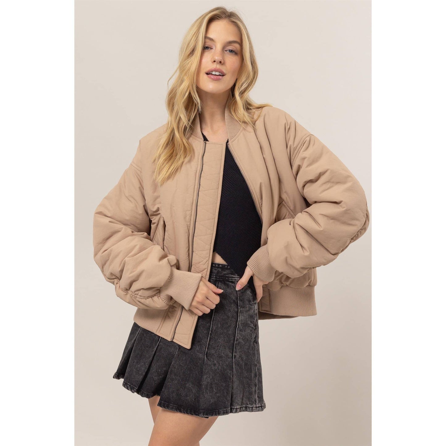 Oversized Bomber Puffer Jacket: BLACK / S-M-L(1-1-1)