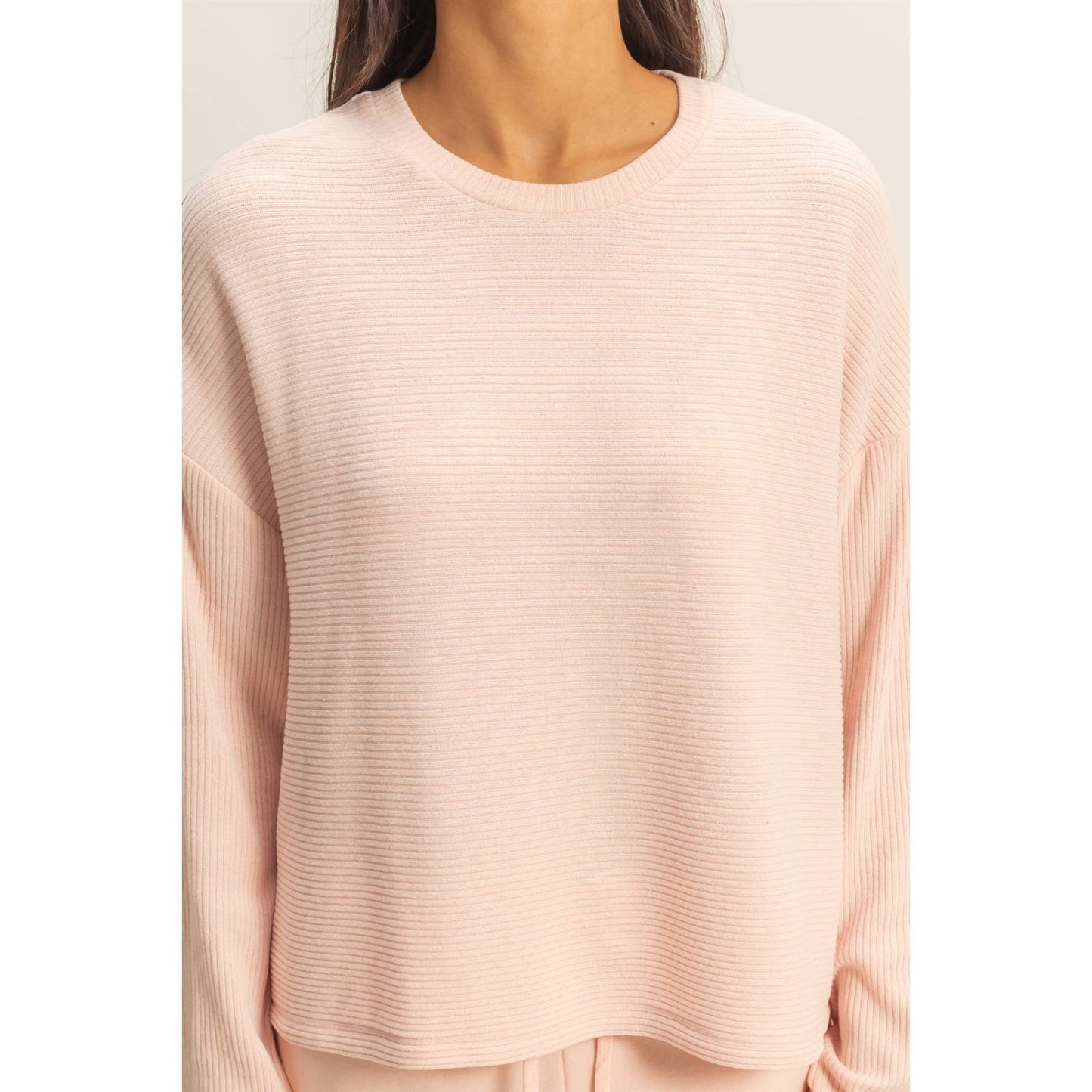 Drop Shoulder Ribbed Long Sleeve Top: DUSTY PINK