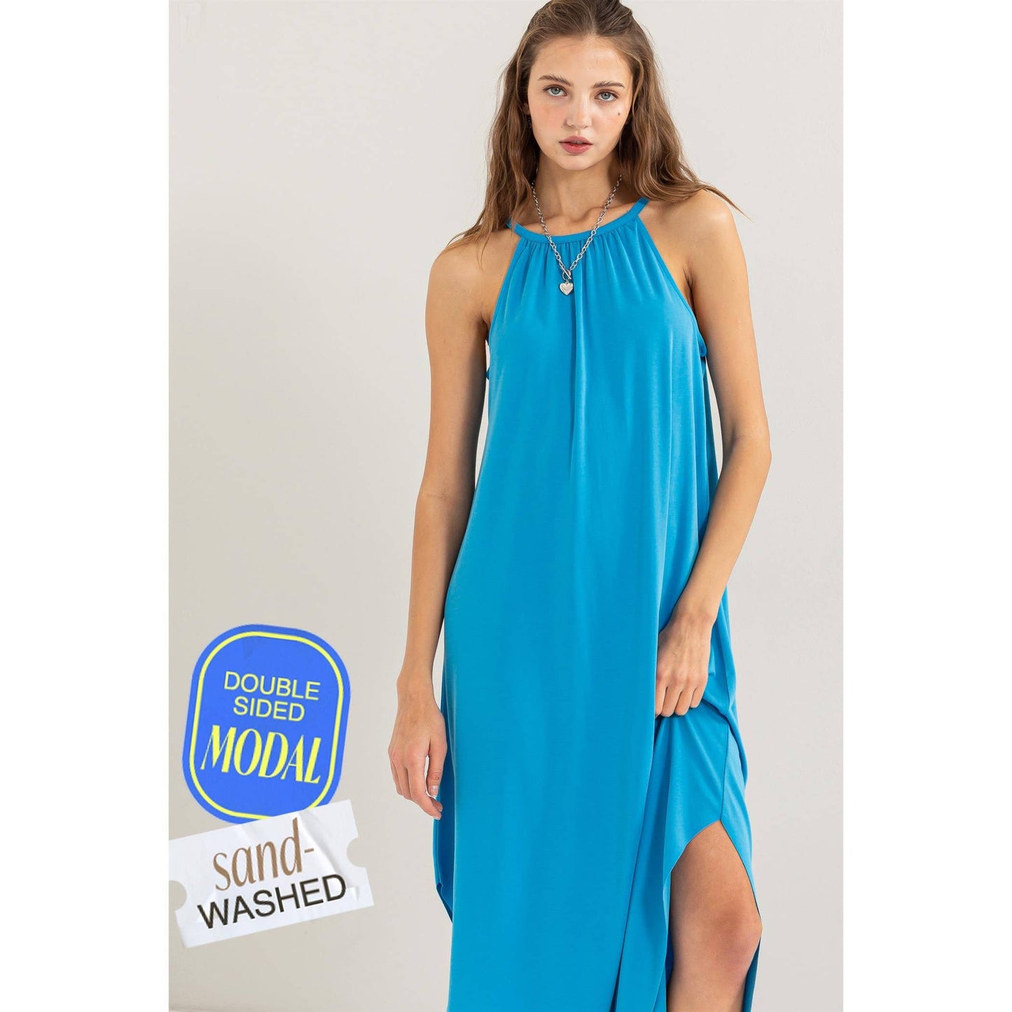 Halter Neck Asymmetrical Midi Dress: BLUE