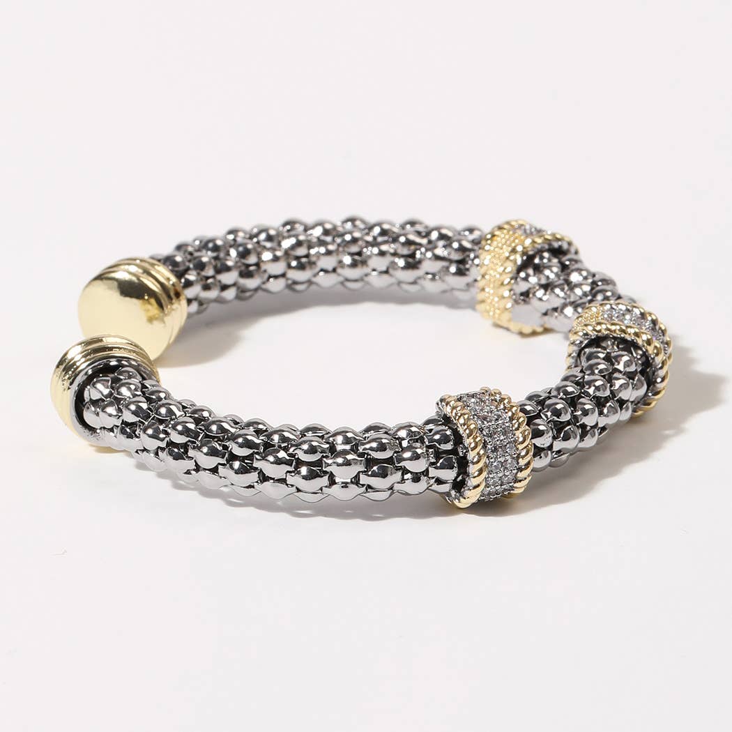 CZ Two-Tone Band Charm Gold Plated Bangle Bracelet: BG / ONE SIZE