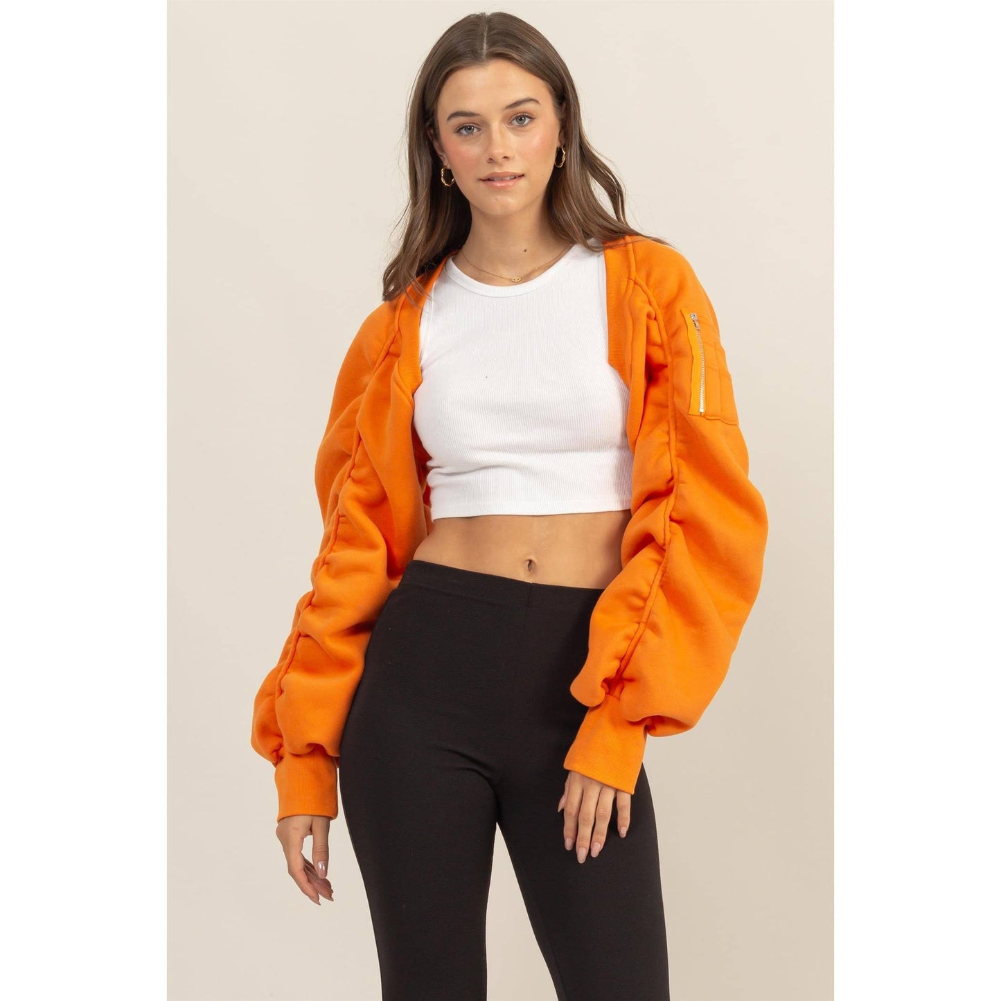 Ruched French Terry Bolero Bomber Jacket: ORANGE