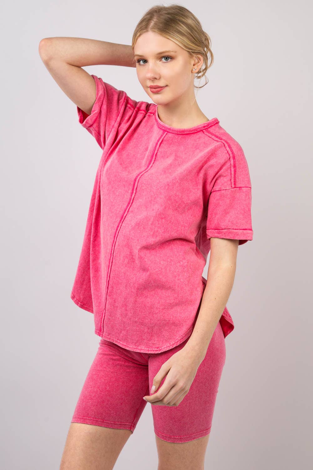 Washed Stretchy Knit Activewear Top & Shorts: HOT PINK 4/27/2025