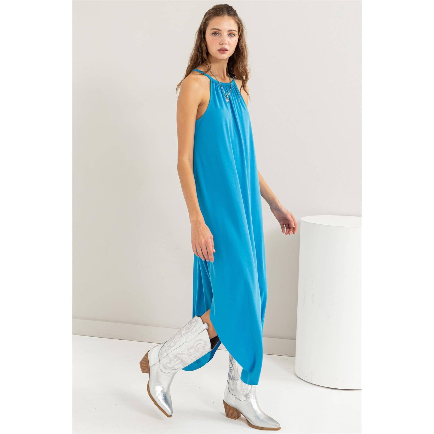 Halter Neck Asymmetrical Midi Dress: BLUE