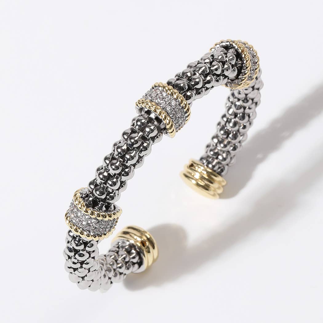 CZ Two-Tone Band Charm Gold Plated Bangle Bracelet: BG / ONE SIZE