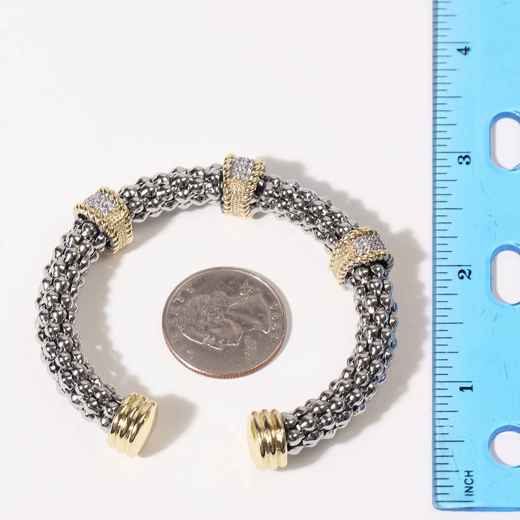 CZ Two-Tone Band Charm Gold Plated Bangle Bracelet: BG / ONE SIZE