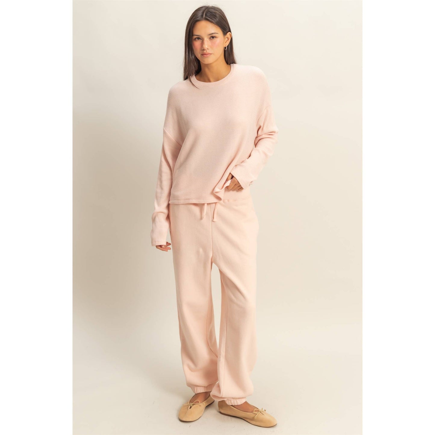 Drop Shoulder Ribbed Long Sleeve Top: DUSTY PINK