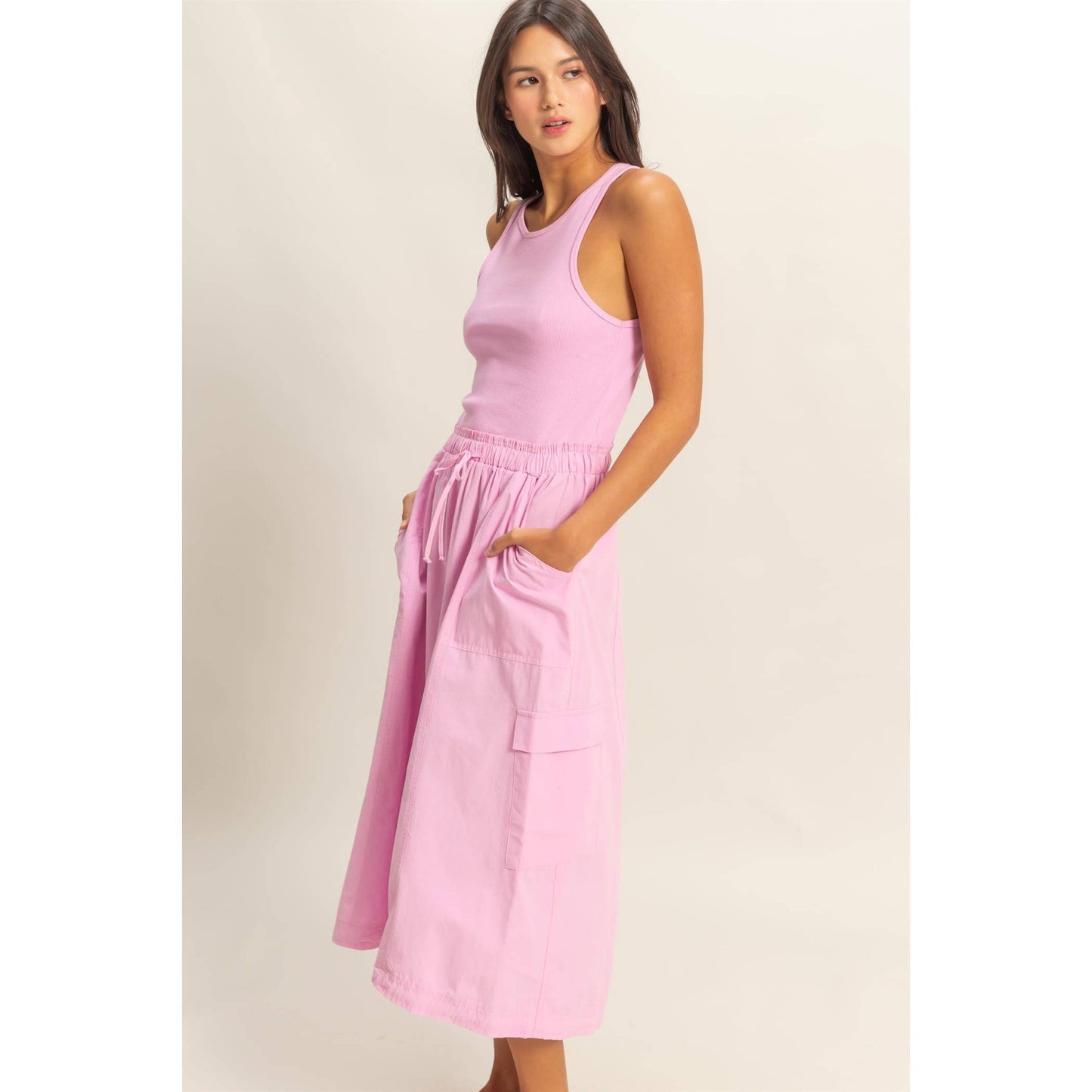 Sleeveless Cargo Midi Dress: PINK