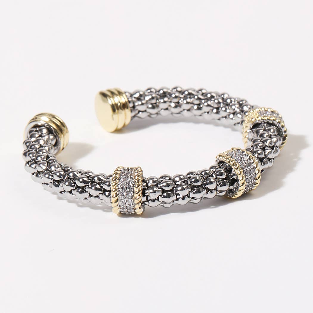 CZ Two-Tone Band Charm Gold Plated Bangle Bracelet: BG / ONE SIZE