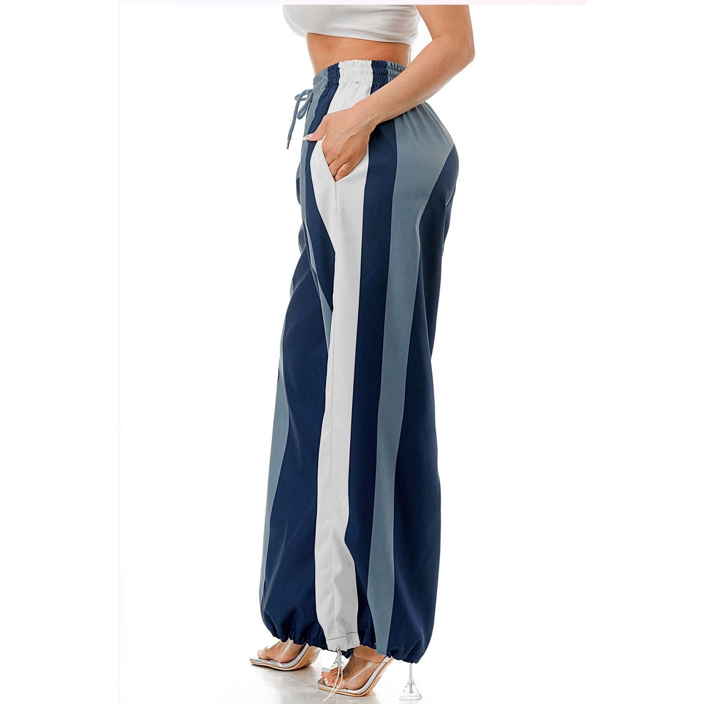 Plus Drawstring Elastic Waist Windbreaker Pants: BLUE