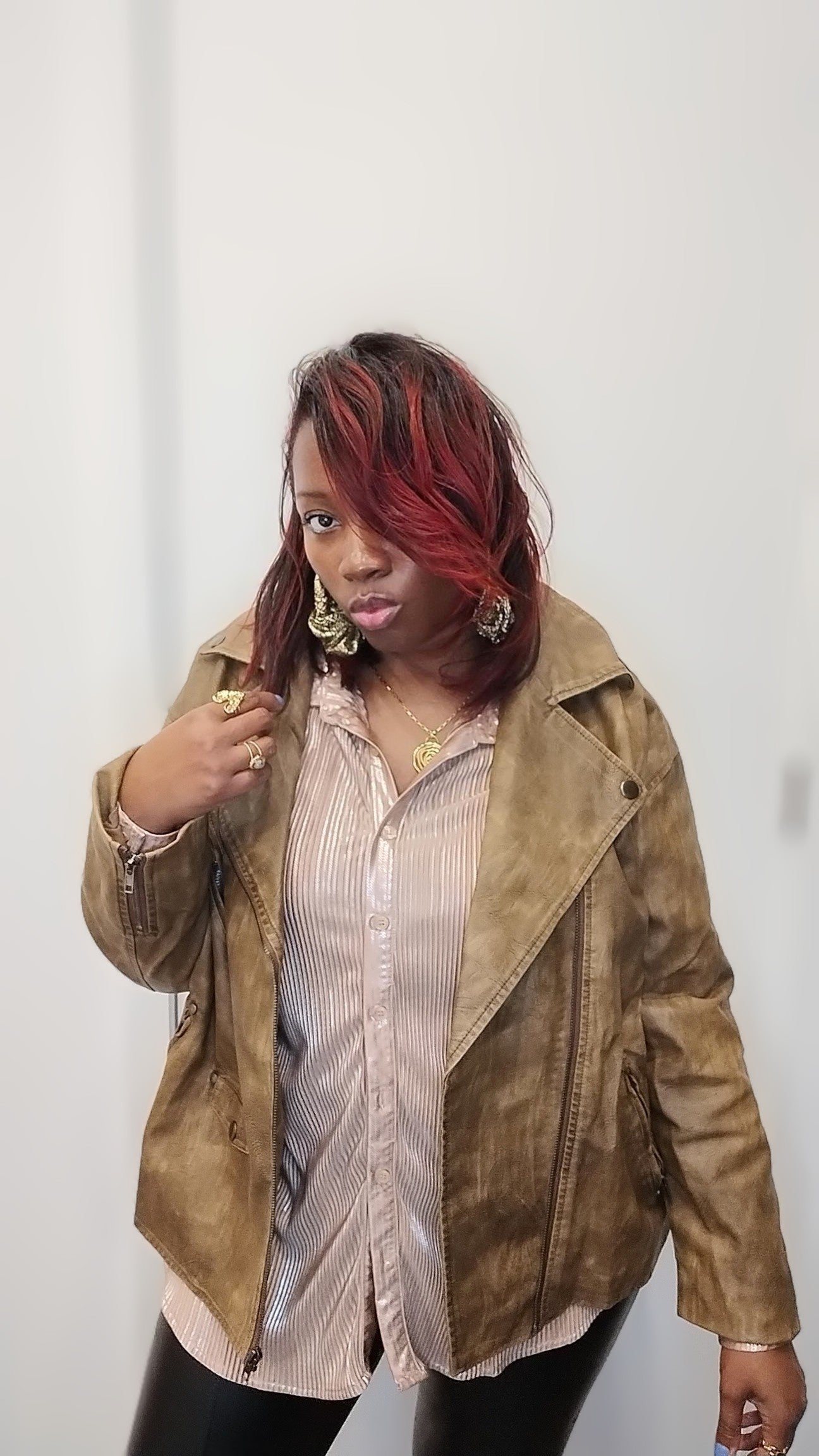 Oversized Vintage Textured Vegan Leather Jackie Jacket: Brown