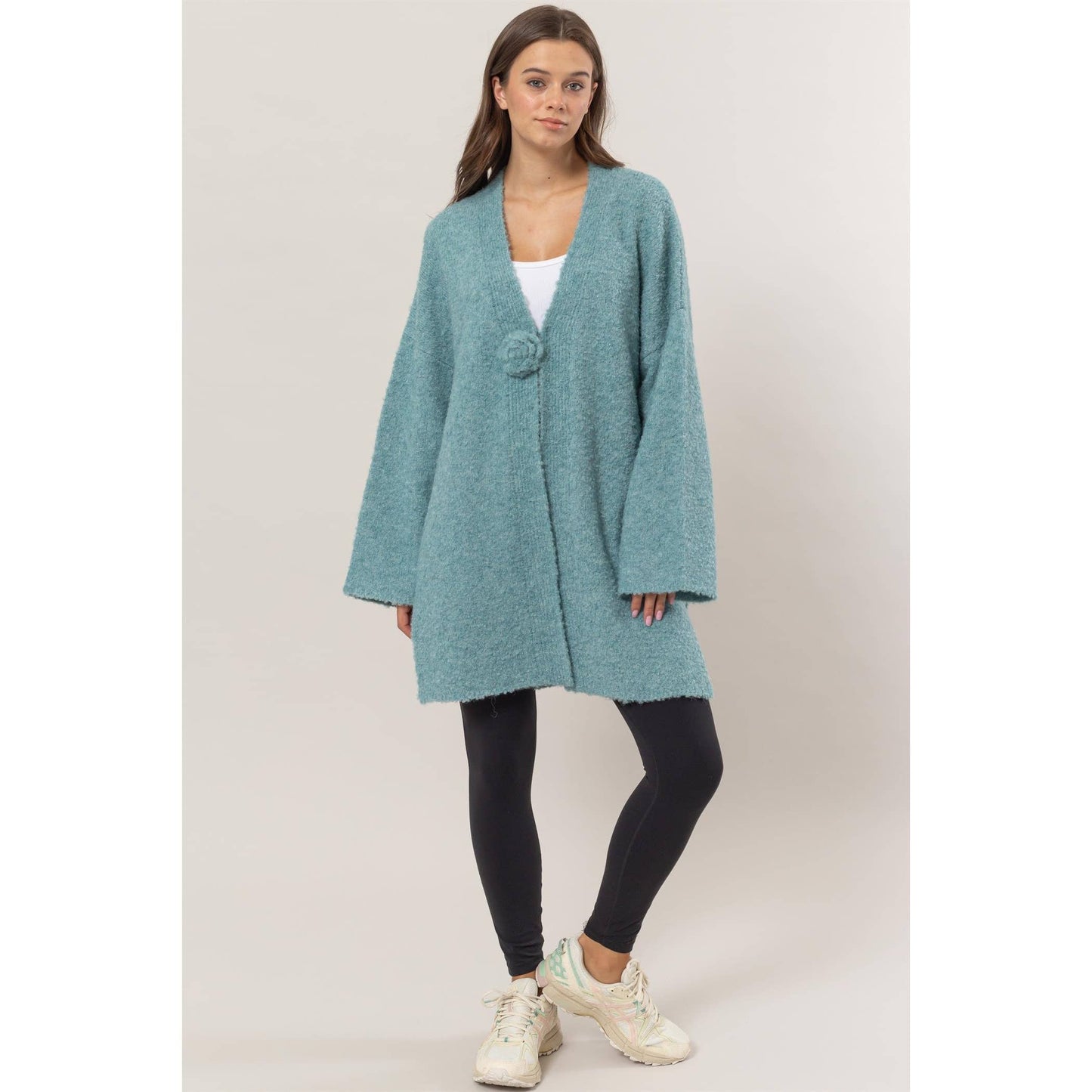 Front Rosette Long Sweater Cardigan : OCEAN Blue