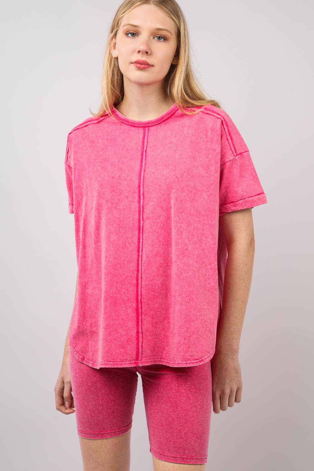 Washed Stretchy Knit Activewear Top & Shorts: HOT PINK 4/27/2025