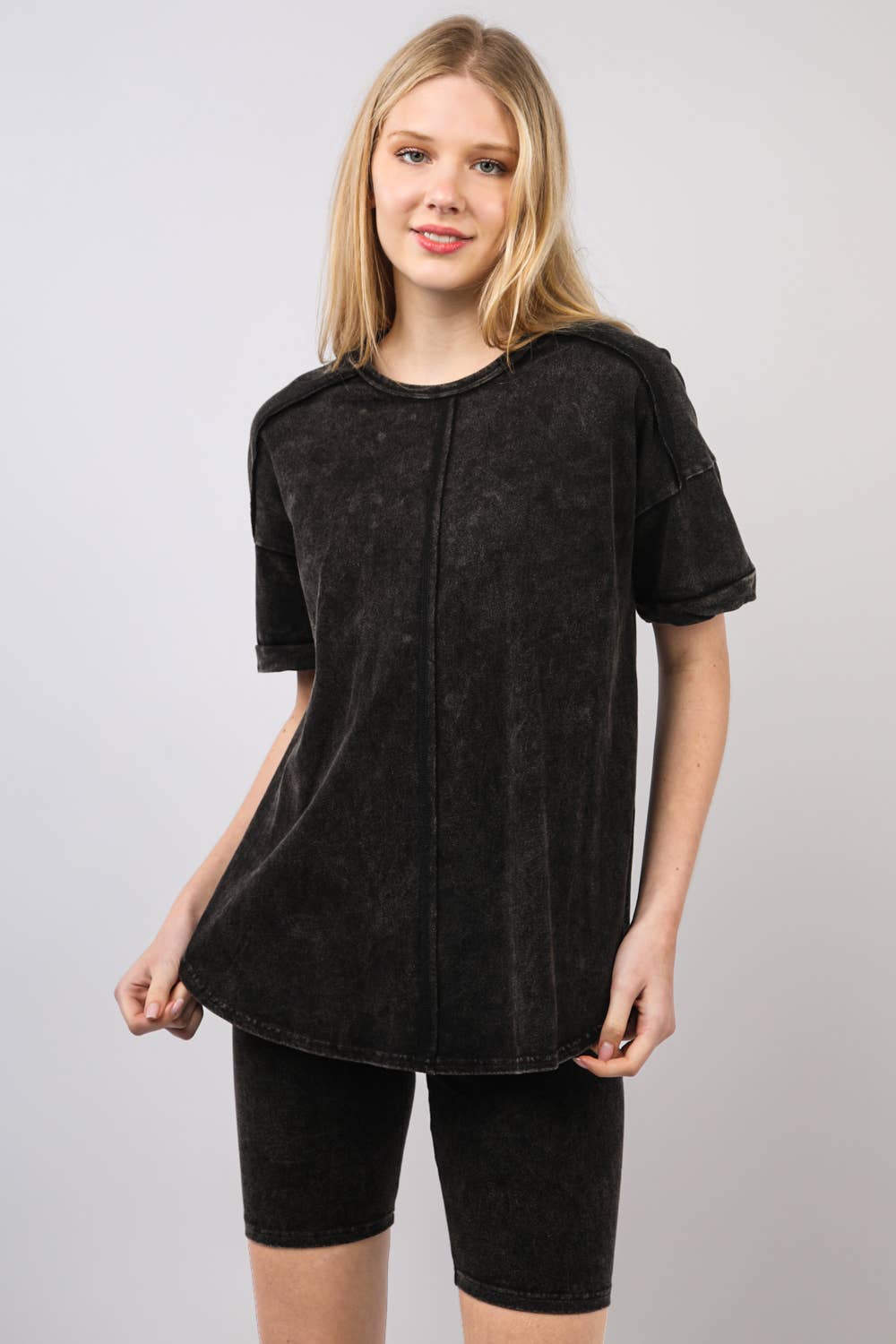 Comfy 2- Piece Washed Biker Set Top & Shorts: Black
