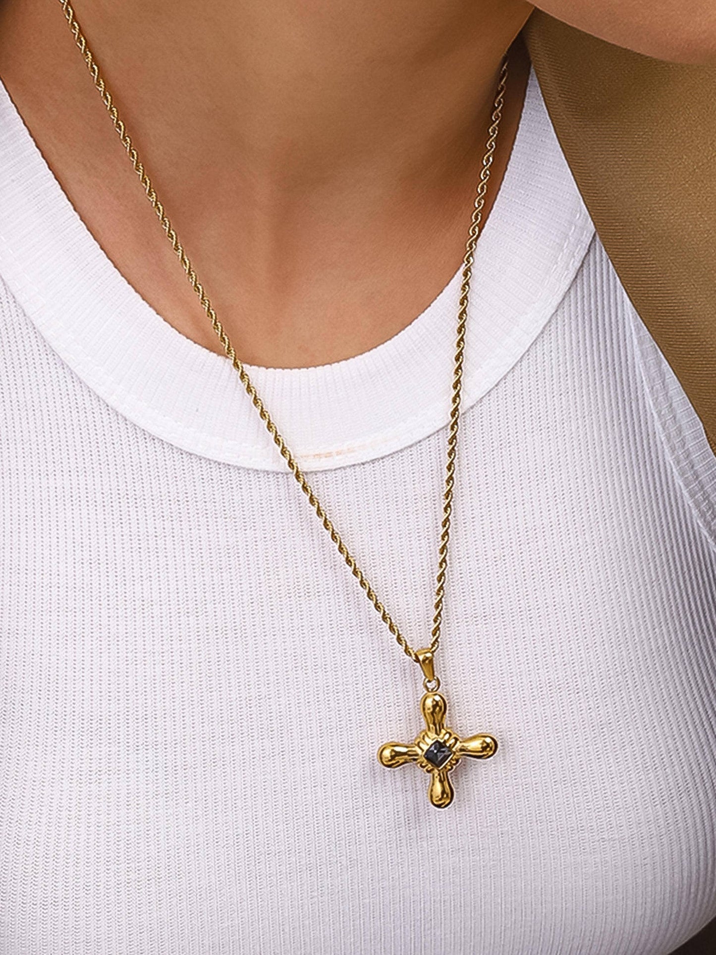 Chantal 18K Gold Non-Tarnish Stone Cross Necklace: Black