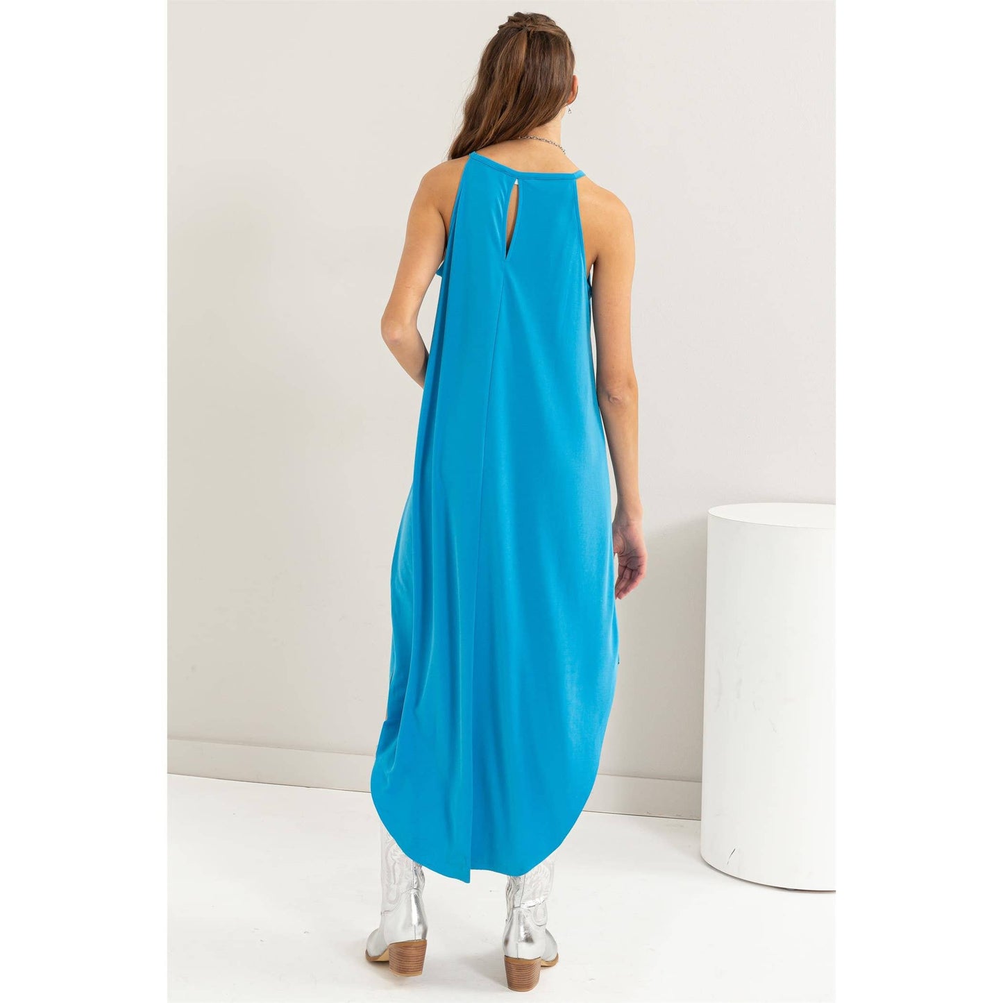 Halter Neck Asymmetrical Midi Dress: BLUE