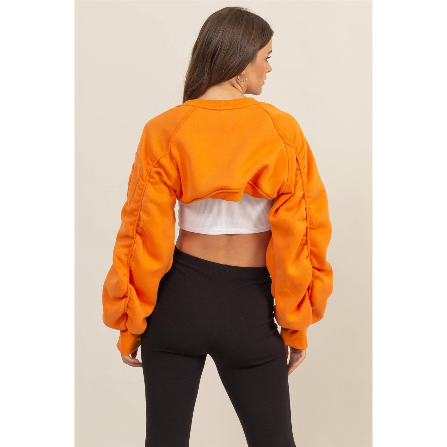 Ruched French Terry Bolero Bomber Jacket: ORANGE