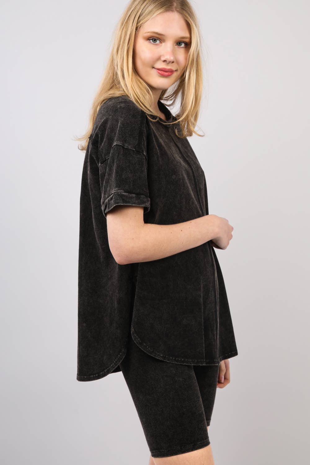 Comfy 2- Piece Washed Biker Set Top & Shorts: Black