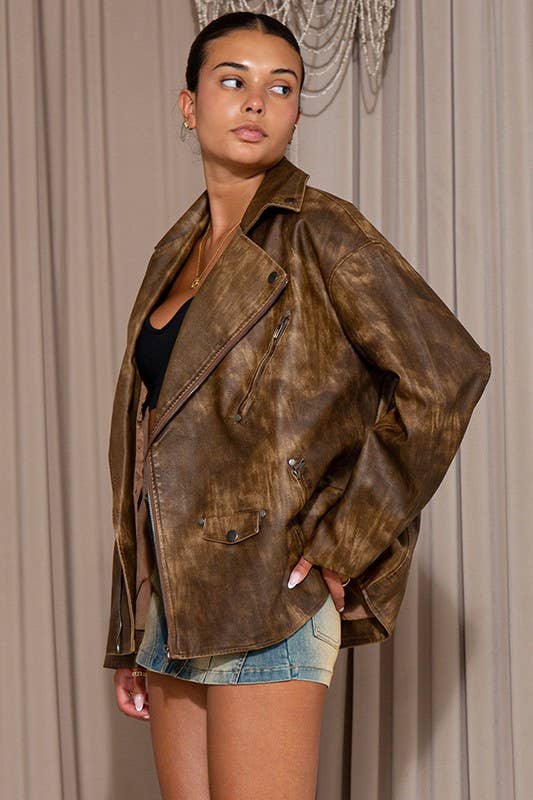 Oversized Vintage Textured Vegan Leather Jackie Jacket: Brown