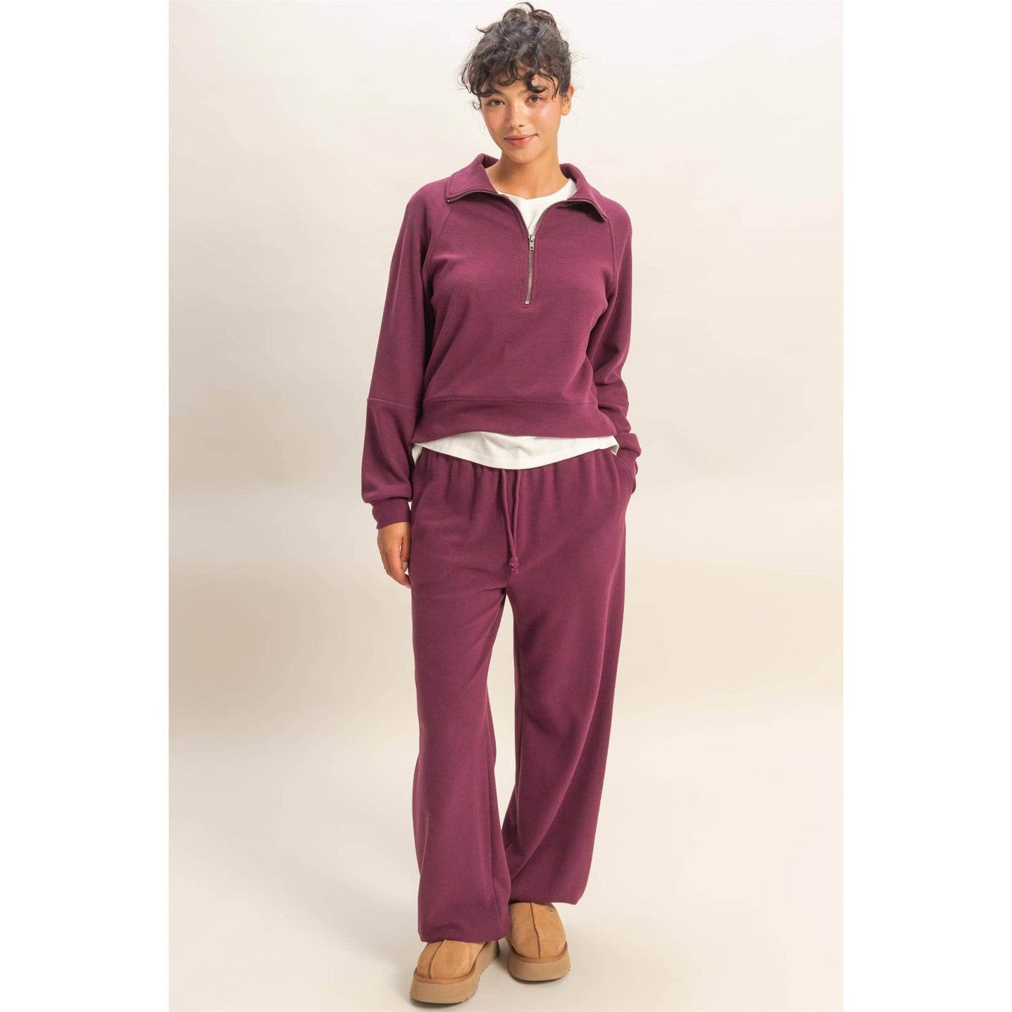 Soft Ribbed Comfort Fit Drawstring Jogger Pants: DARK CHERRY /