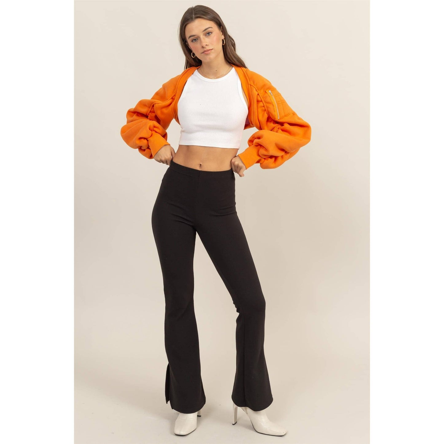 Ruched French Terry Bolero Bomber Jacket: ORANGE