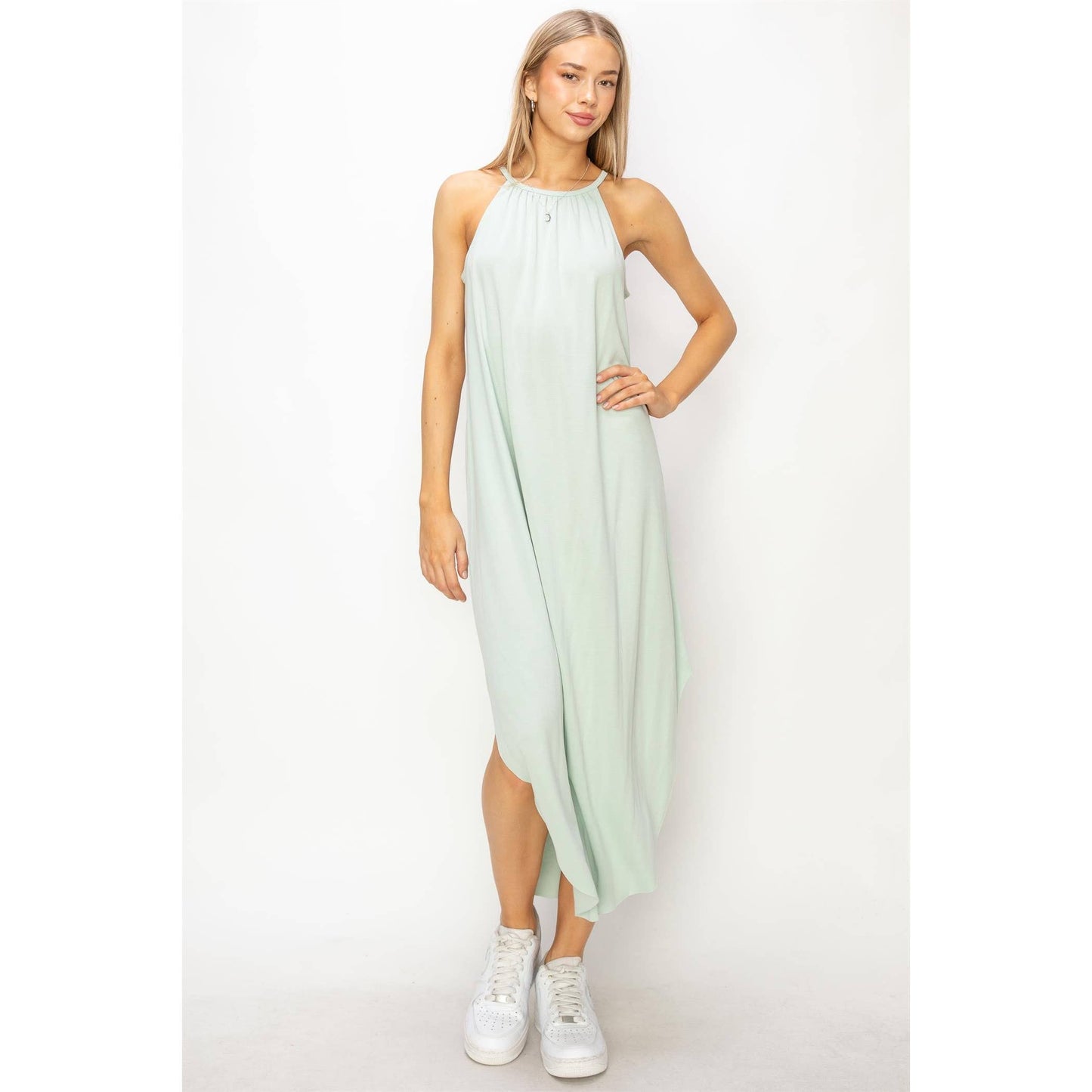 Halter Neck Asymmetrical Midi Dress: BLUE