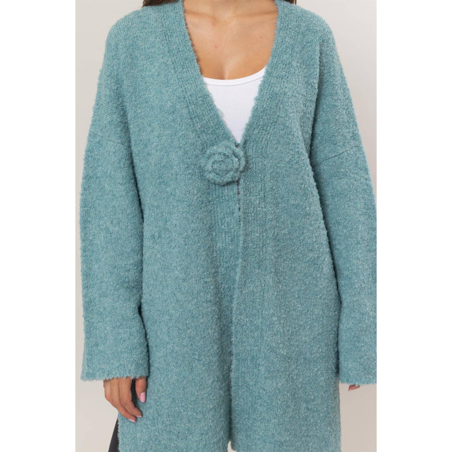 Front Rosette Long Sweater Cardigan : OCEAN Blue
