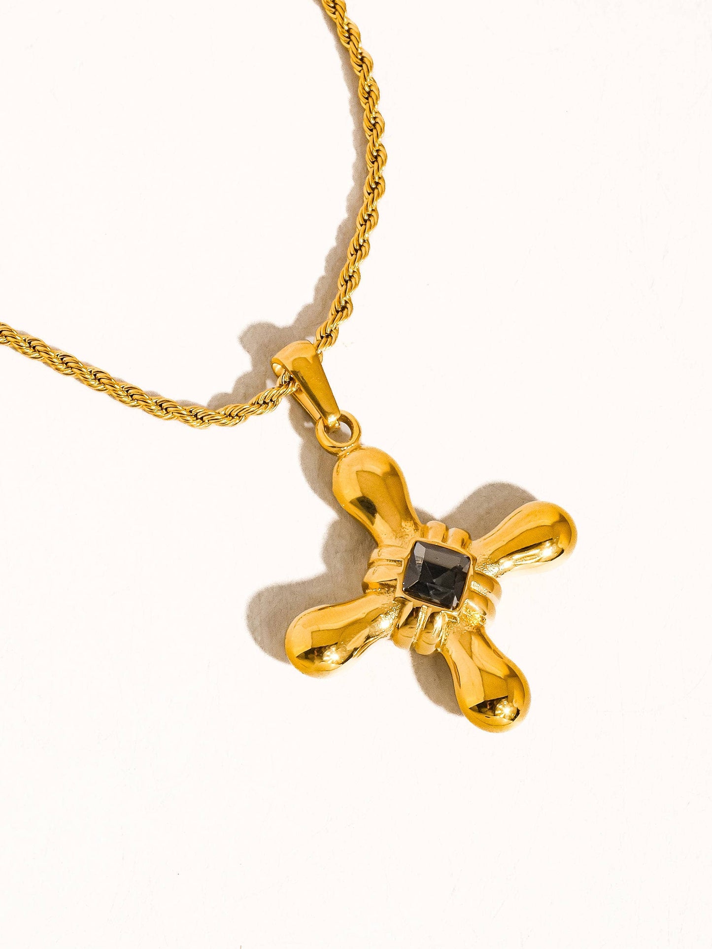 Chantal 18K Gold Non-Tarnish Stone Cross Necklace: Black