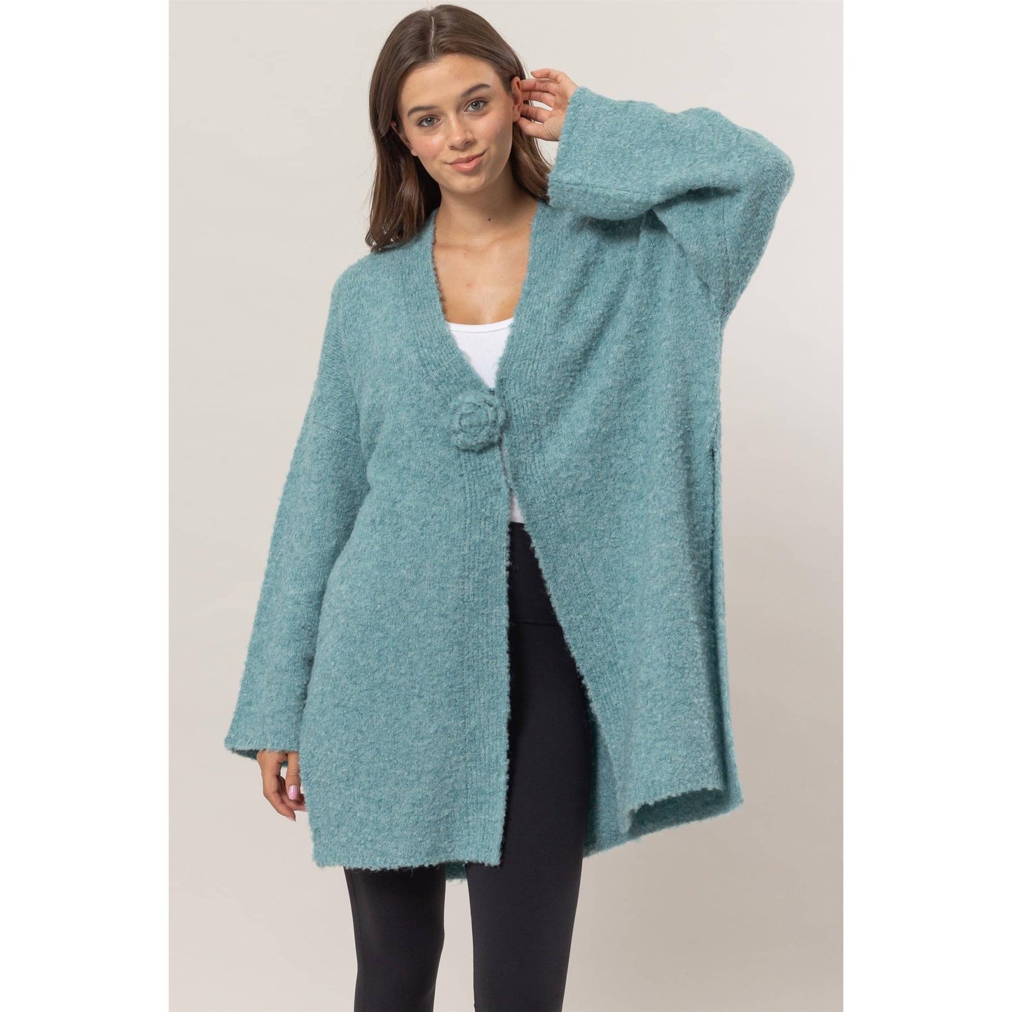 Front Rosette Long Sweater Cardigan : OCEAN Blue