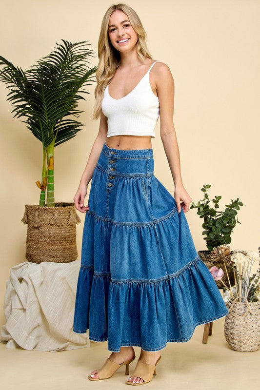 Vintage 80s Woman's Denim Blue Highwaist pleated Skirt