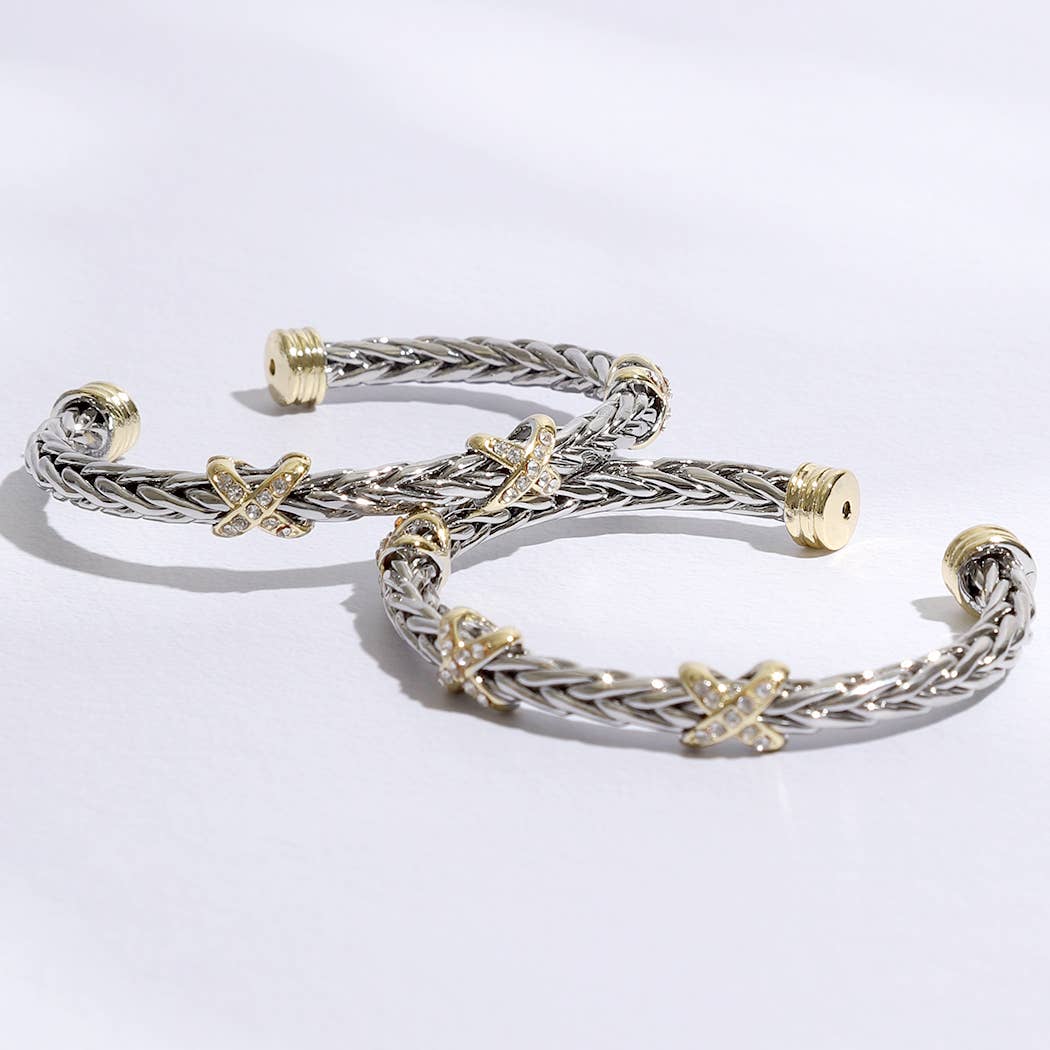 Three CZ X Stations Braided Bangle Bracelet: MULTI / ONE SIZE