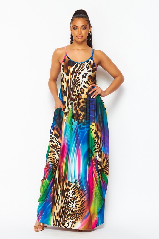 Spagetti Strap safari Maxi Dress | Animal Print Leo Maxi