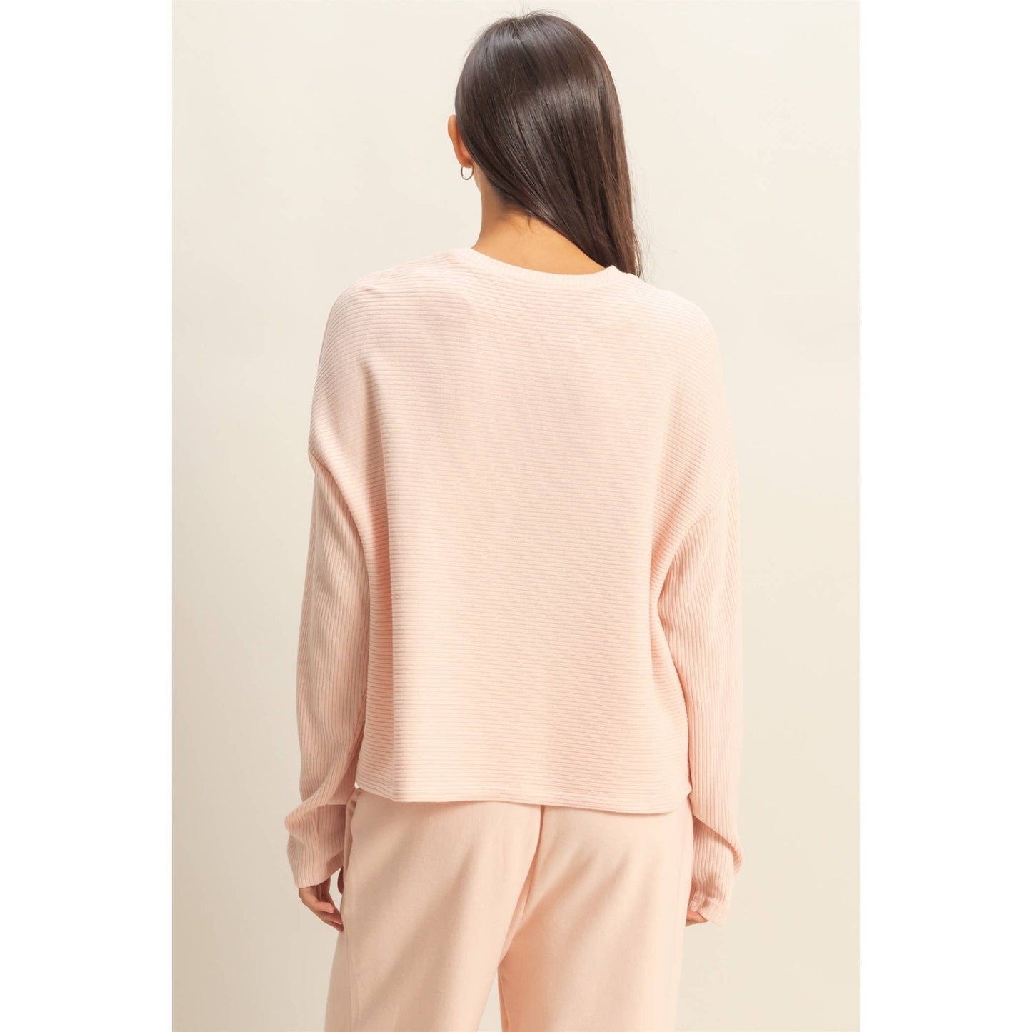 Drop Shoulder Ribbed Long Sleeve Top: DUSTY PINK