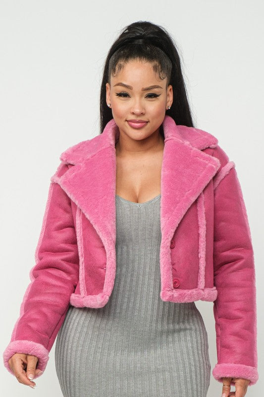 Women's  Pink Faux Sude Faux Fur Moto Jacket | Mustang Sherling
