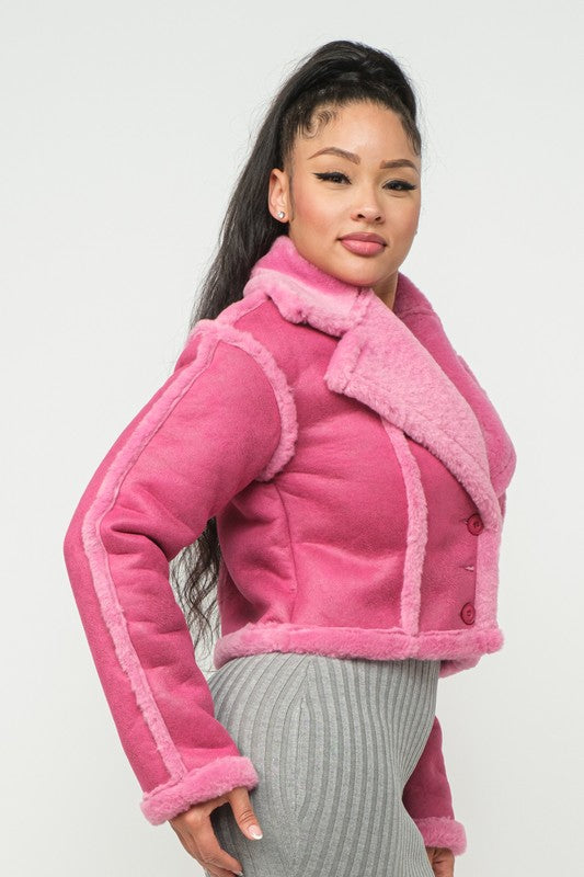 Women's  Pink Faux Sude Faux Fur Moto Jacket | Mustang Sherling