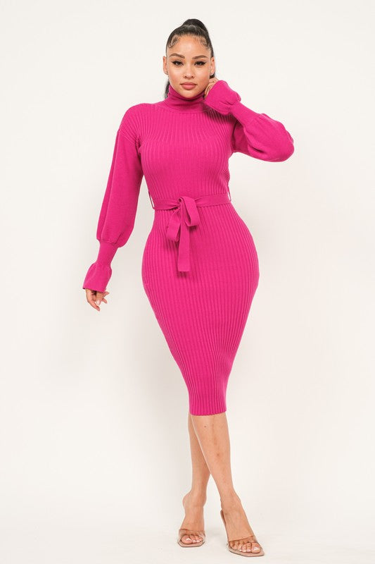 Ribbed Midi Turtleneck Belted Knit Dress with Gathered Sleeves- Long sleeves Sweater Dress