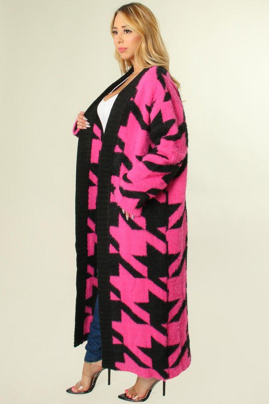 Woman's Long Houndstooth| Fur Pink and Black Cardigan | Fuzzy