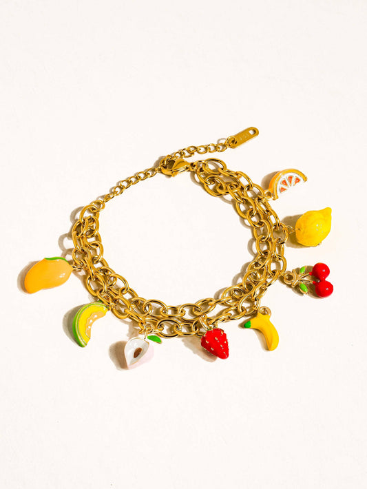 Fruity 18K Gold Non-Tarnish Fruit Charm Bracelet: Multi-Colored