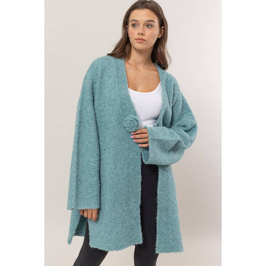 Front Rosette Long Sweater Cardigan : OCEAN Blue