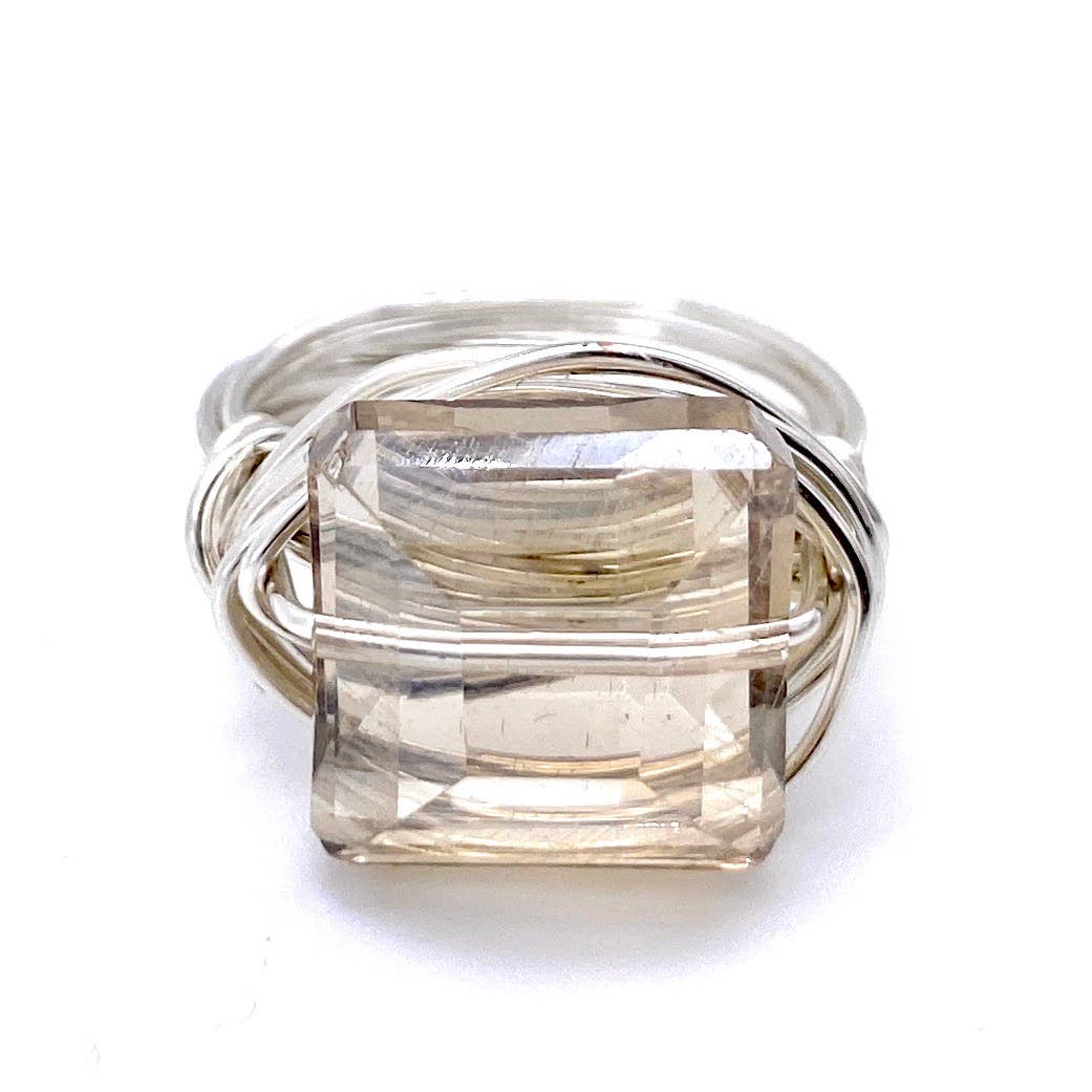 Champagne Square Crystal Silver Ring: Champagne / Silver / 7