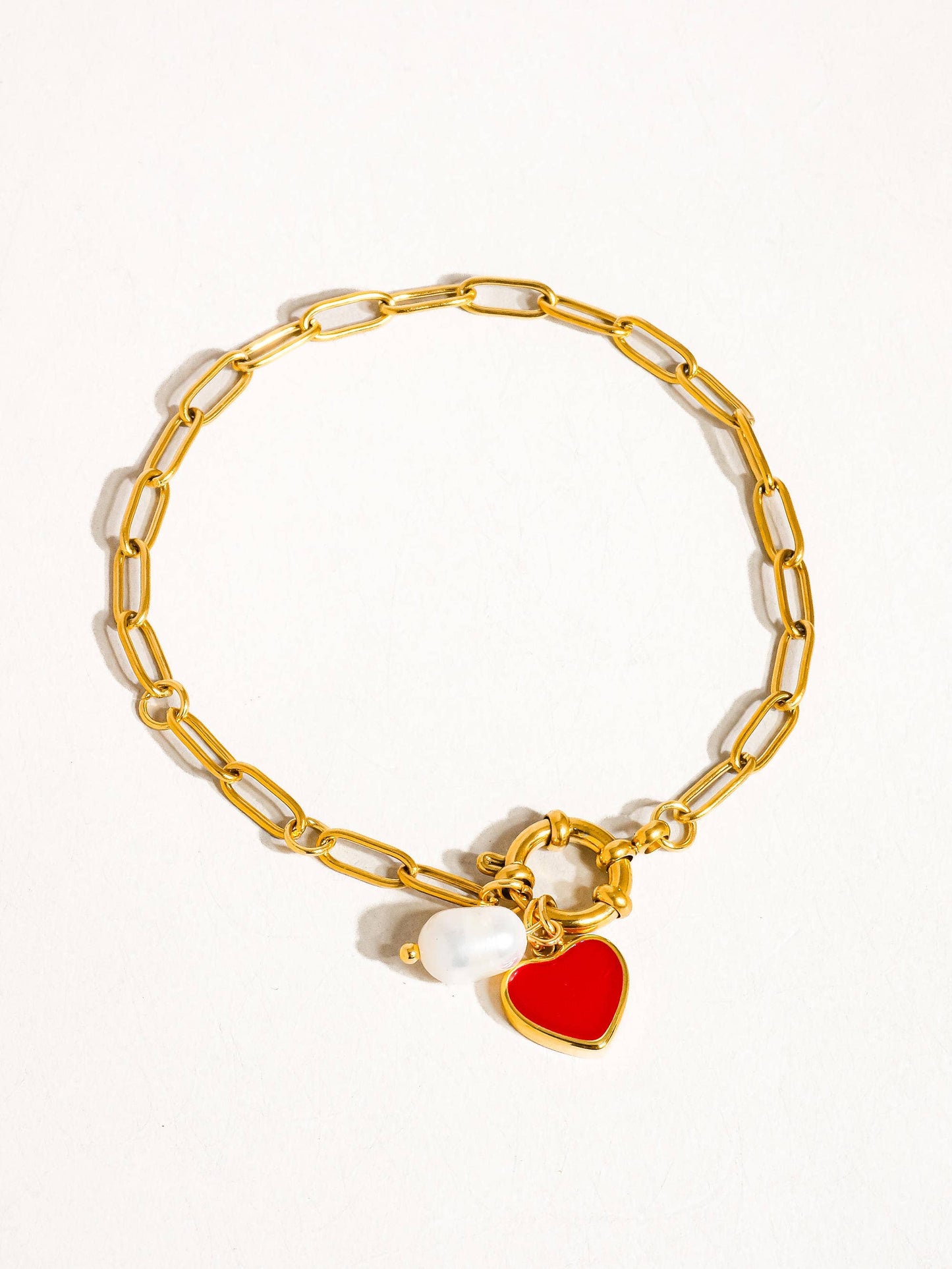 Eulalie 18K Gold Non-Tarnish Heart Pearl Chain Bracelet: Red