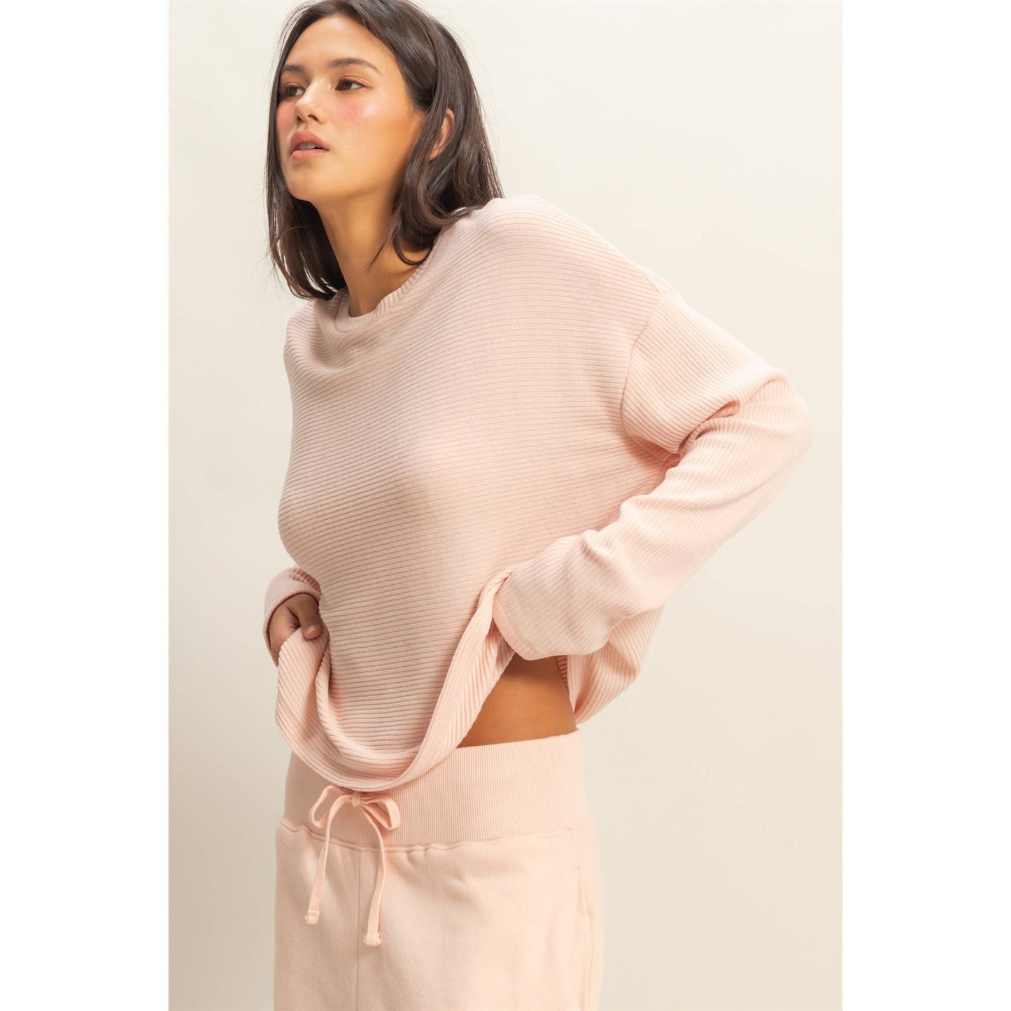 Drop Shoulder Ribbed Long Sleeve Top: DUSTY PINK