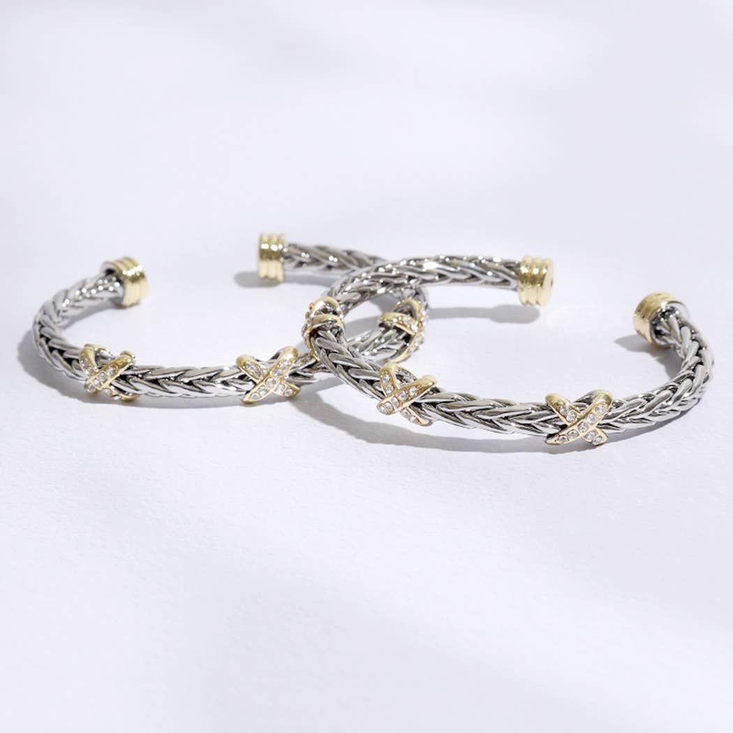 Three CZ X Stations Braided Bangle Bracelet: MULTI / ONE SIZE