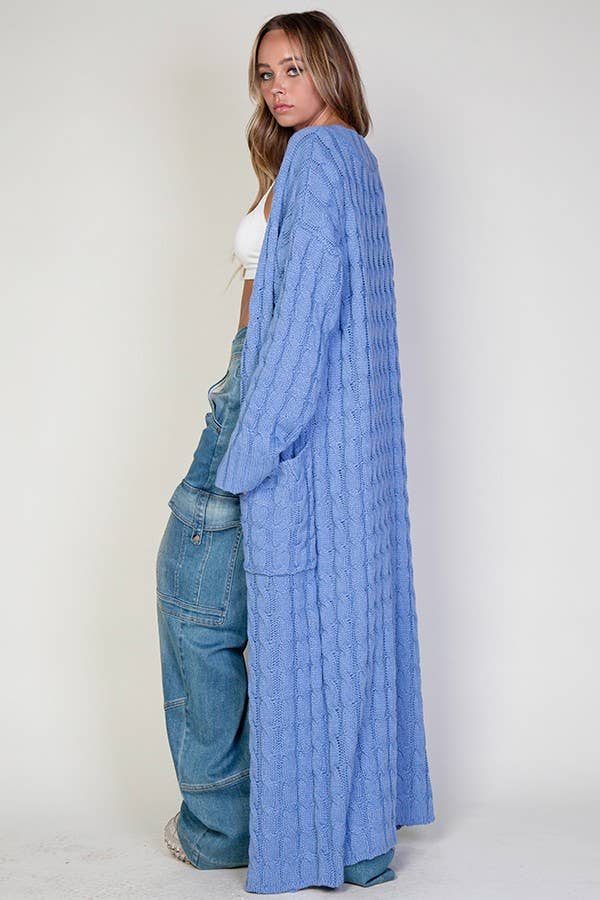 OVERSIZED MAXI CABLE KNITTED SWEATER CARDIGAN: Dusty Blue  1/9/2025 instock