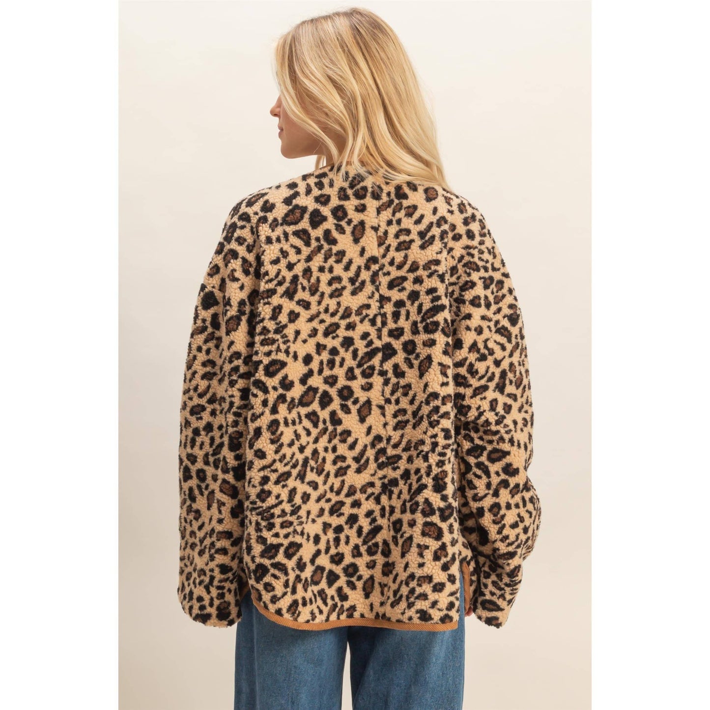 Button Front Leopard Sherpa Jacket: TAUPE COMBO